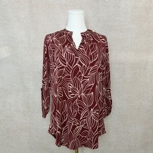 Dear Scarlett Elegant Long Sleeve Tunic with Allover Leaf Print in Deep Burgundy